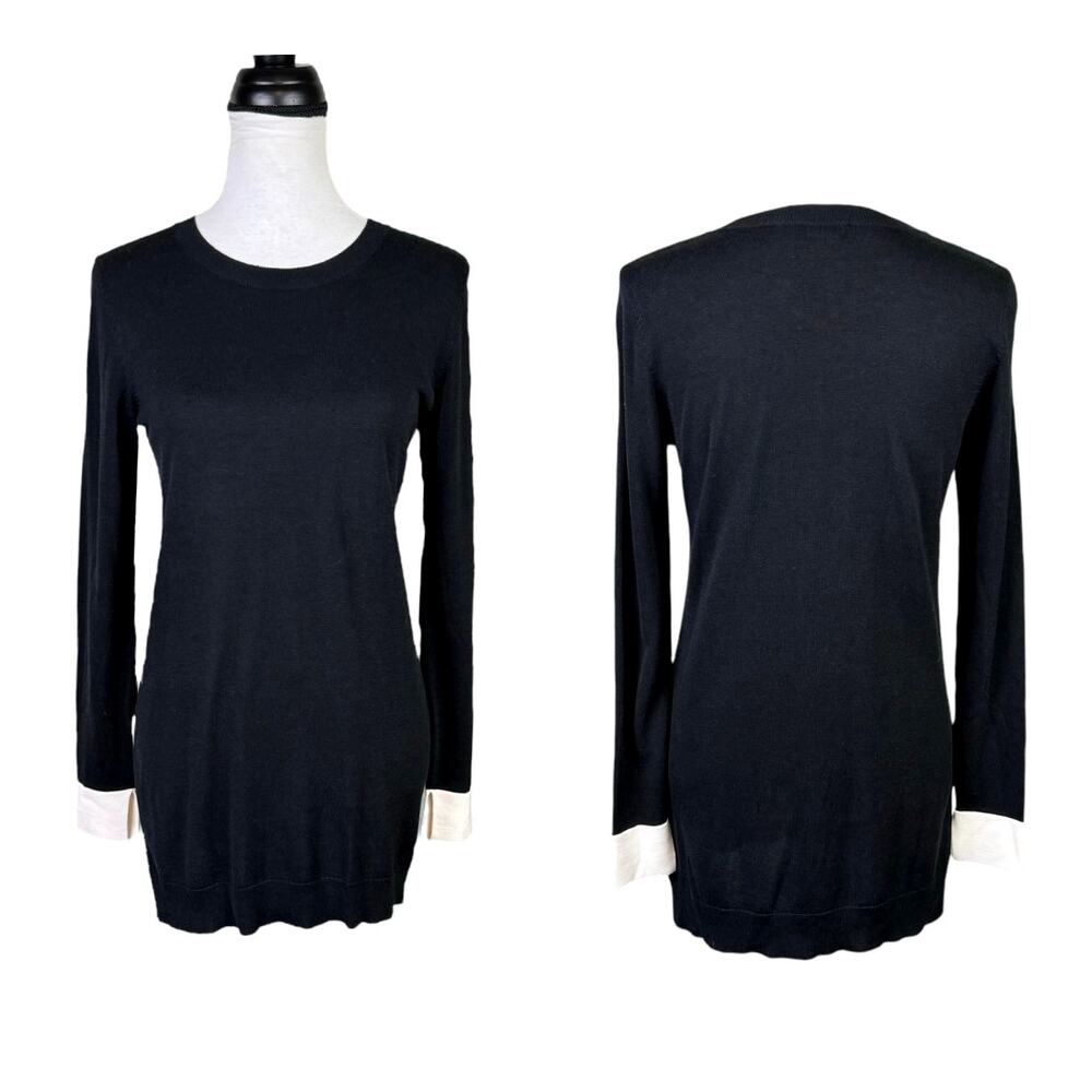 Worth New York P | Black Knit White Trim Long Sleeve Mini Tunic Sweater Dress